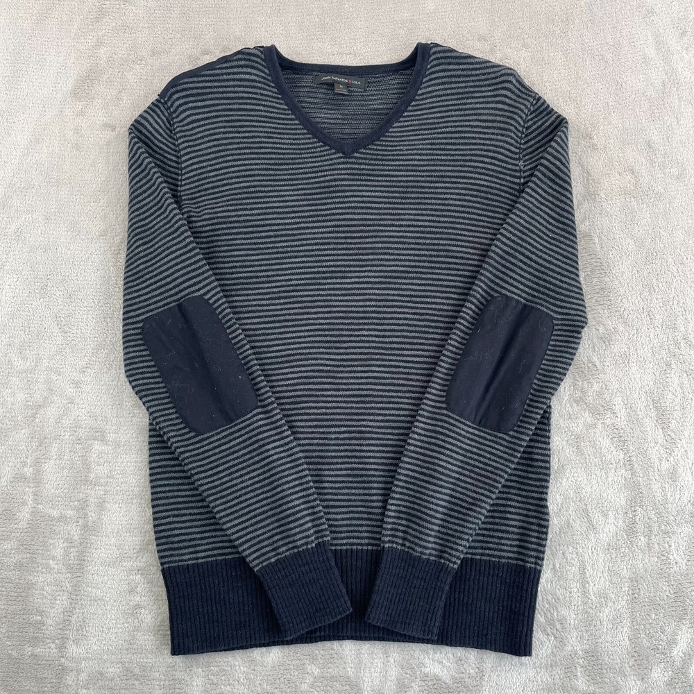 John Varvatos USA Sweater Men Medium Navy Grey Elbow Patch Linen Blend V Neck